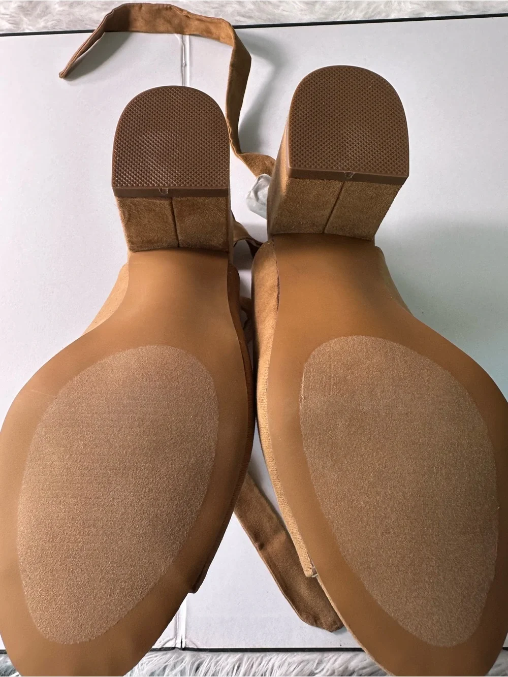 JustFab Tan Suede Peep-Toe Ankle Tie Mules - Picture 4 of 12